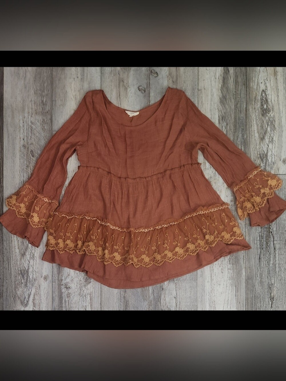 Anthropologie Entro Boho Rust Tunic Babydoll Tiered Dress Ruffle bell sleeve